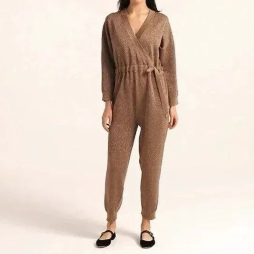 J. Crew Wrap Sweater Jumpsuit Romper Metallic Bronze Sparkle Long Sleeve XSMALL